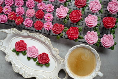 High angle view of roses on table