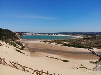 Scenic view of beach against clear blue sky