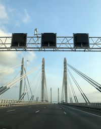 Low angle view of suspension bridge against sky