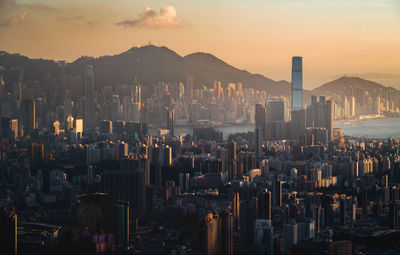 High angle view of cityscape against sky during sunset