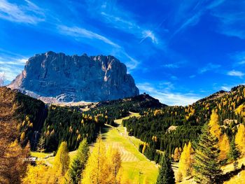 Panoramic view of landscape and mountains against blue sky