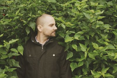 Mid adult man standing against plants in park