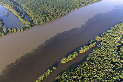 Aerial view of the confluence of the danube and the drava rivers