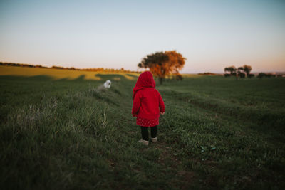 Rear view of girl standing on grassy field 