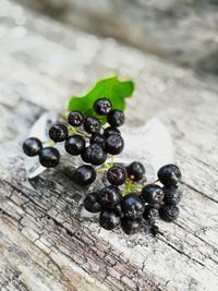 High angle view of blueberries on table