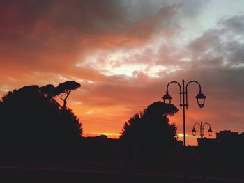 Silhouette trees against orange sky