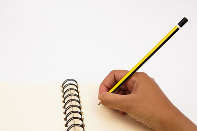 Person hand holding book against white background