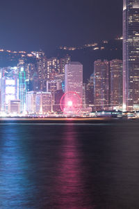 Illuminated buildings in city at night