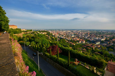 High angle view of road amidst buildings in city