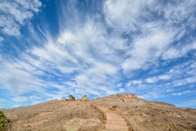Low angle view of landscape against cloudy sky