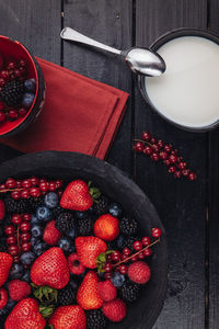 High angle view of strawberries in bowl on table