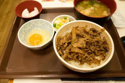 High angle view of meal served on table