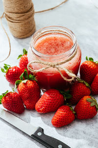 High angle view of strawberries on table