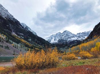 Scenic view of mountains against sky during autumn