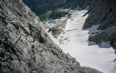 High angle view of snowcapped mountains during winter