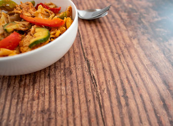 High angle view of salad in bowl on table