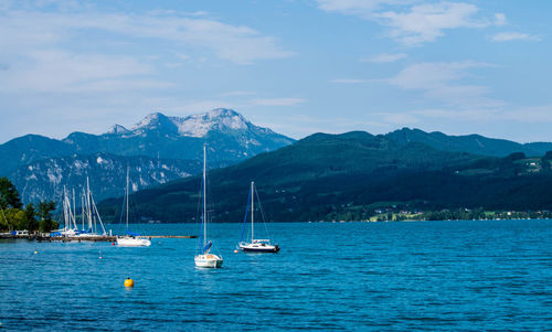 Sailboats moored on sea against sky