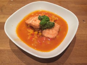 High angle view of soup in bowl on table