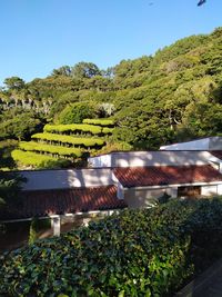 Scenic view of farm against clear sky