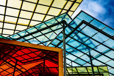 Low angle view of glass building against sky