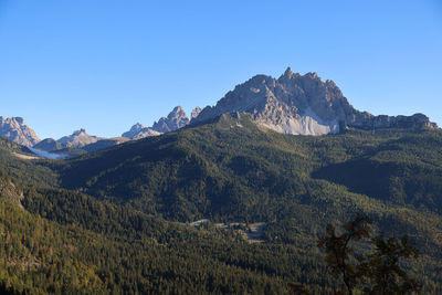 Scenic view of mountains against clear blue sky