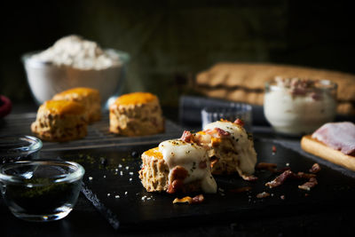 Close-up of breakfast served on table