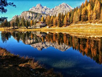 Scenic view of lake and mountains against sky