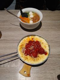 High angle view of breakfast served on table