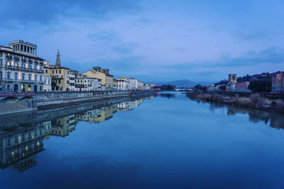 Reflection of buildings in river against sky