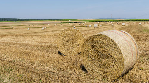 Hay bales on field against sky