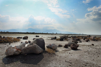 Rocks on beach against sky