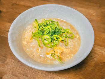 High angle view of soup in bowl on table