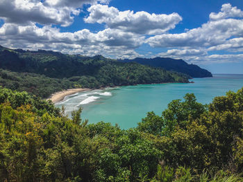 Scenic view of bay against sky