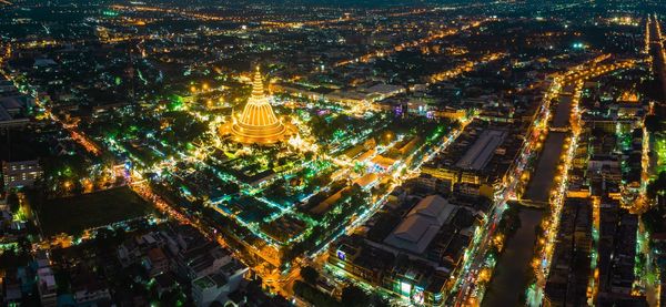 High angle view of illuminated buildings at night