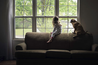 Side view of girl and dog looking through window while sitting on sofa at home