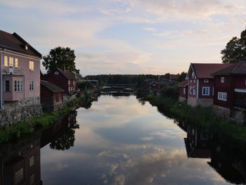 Reflection of buildings in lake against sky during sunset