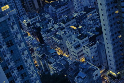 High angle view of buildings at night