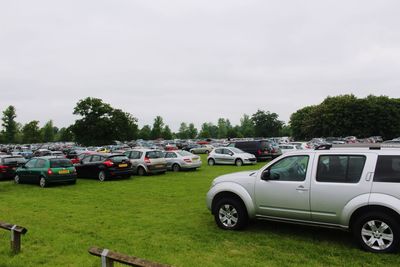 Cars on grassy field