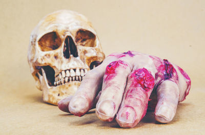 Close-up of hand and skull against beige background
