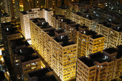 High angle view of illuminated buildings at night