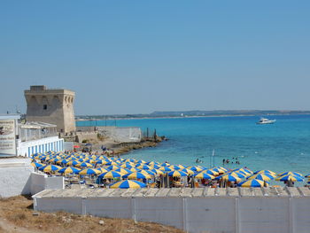 Scenic view of sea against clear blue sky