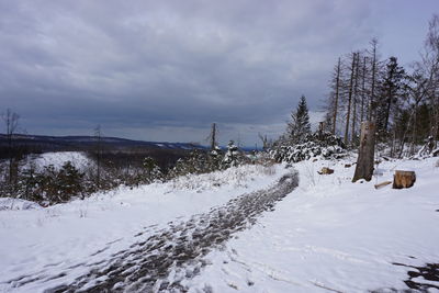 Snow covered landscape against sky