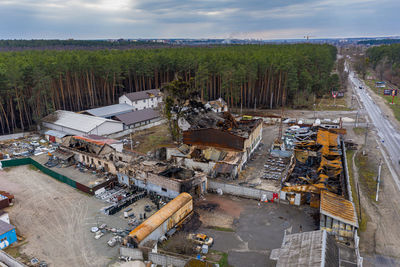 The aerial view of the destroyed and burnt buildings.