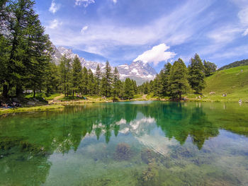 Scenic view of lake by trees against sky