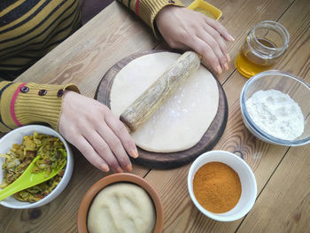 High angle view of preparing food on table