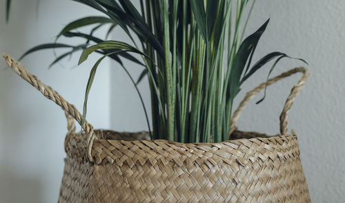 Close-up of wicker basket against wall at home