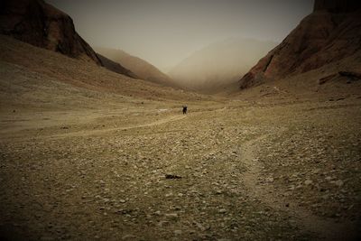 Person on landscape amidst mountains during sunset