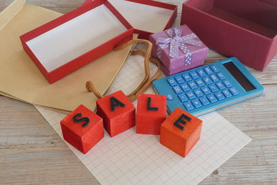 High angle view of objects on table