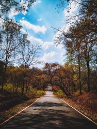 Road amidst trees against sky during autumn