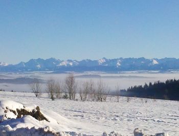 Scenic view of snow covered mountains